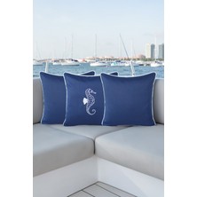 Visionario Kırlent Kılıfı 45X45 3'lü Set Marin Nakışlı Deniz Atı Desen Su Itici Outdoor Keten Tekne Bahçe