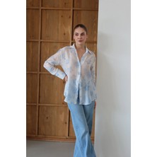 Desenli Organze Tül Gömlek Mavi