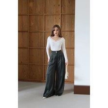 Saten Yüzeyli Dökümlü Pantolon Yeşil