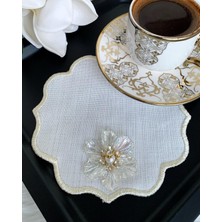 Mora Tekstil 6 Adet Çiçek Broşlu Simli Ipli Nakışlı Sunum Peçetesi, Kahve Sunum Peçetesi,leke Tutmaz Kumaş