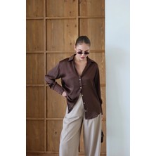 V Yaka Premium Saten Gömlek Kahve