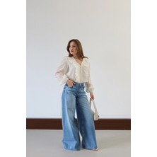 Yüksek Bel Geniş Paça Jean Buz Mavisi