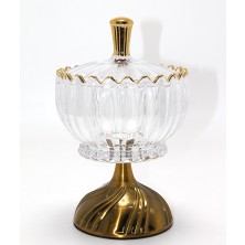 Marsilyan Metal Ayaklı Kristal Cam Şekerlik Gold Detaylı Sunumluk
