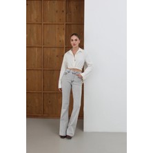 Yüksek Bel Likralı Ispanyol Paça Jean Gri