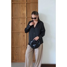 V Yaka Premium Saten Gömlek Siyah