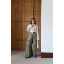 Kumaş Detaylı Saten Yüzeyli Dökümlü Pantolon Yeşil