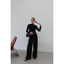 Kemerli Beli Lastikli Palazzo Pantolon Siyah