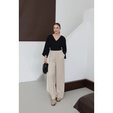 Beli Lastikli Dökümlü Geniş Paça Pantolon Taş