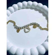 Güneş Takı Gold Renk Zirkon Taşlı Kalp Kararmaz Çelik Bileklik