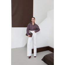 Yüksek Bel Kesik Paça Full Likralı Ispanyol Paça Jean Beyaz