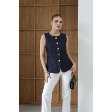 Bisiklet Yaka Gold Düğmeli Denim Yelek Lacivert
