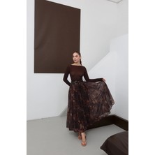 Desenli Kemerli Astarlı Midi Boy Etek Kahve