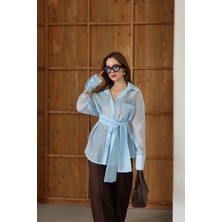 Kuşaklı Cepli Gömlek Mavi