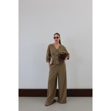 Yüksek Bel Geniş Paça Pantolon Haki