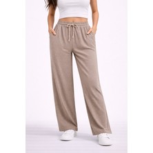 Lobolic Kadın Taş Detaylı Salaş Bol Paça Pantolon Yüksek Bel Rahat Kesim Günlük Pantolon