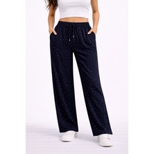 Lobolic Kadın Taş Detaylı Salaş Bol Paça Pantolon Yüksek Bel Rahat Kesim Günlük Pantolon