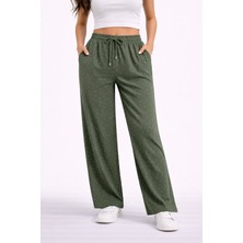 Lobolic Kadın Taş Detaylı Salaş Bol Paça Pantolon Yüksek Bel Rahat Kesim Günlük Pantolon