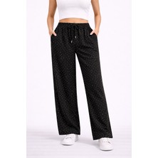 Lobolic Kadın Taş Detaylı Salaş Bol Paça Pantolon Yüksek Bel Rahat Kesim Günlük Pantolon