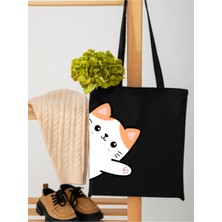 Junobi Kedi Baskılı Siyah Ham Bez ÇANTA-35X40 cm