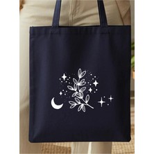 Junobi Ay ve Çiçek Baskılı Lacivert Gabardin Bez Çanta - 35X40 cm