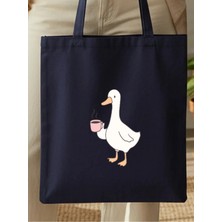 Junobi Ördek Baskılı Lacivert Gabardin Çanta - 35X40 cm