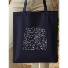 Junobi Kedi Baskılı Lacivert Gabardin Bez Çanta - 35X40 cm