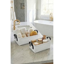 Prendi Home 2 Li Beyazkumaş Banyo Düzenleyici Sepet Dekoratif Çok Amaçlı Organizer Kutu 30X22X10-30X22X10