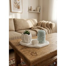 Doğal El Tasarımlı Beton Saksı ve Desenli Sütun Mum Seti – Dekoratif Tepsi Hediyeli