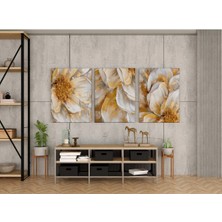 Kanvaspera Altın Renklerde Çağdaş Çiçek Dokunuşu Üçlü Kanvas Tablo