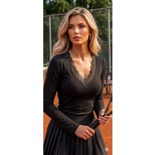 LUFTHİMM Kadın Dantelli  V  Yaka   Uzun   Kollu   Bluz