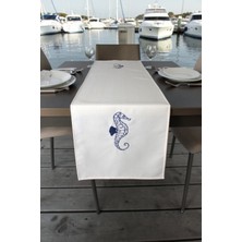 Visionario Marin Masa Örtüsü Nakışlı Deniz Atı Runner 145X40 Su Itici Outdoor Keten Tekne Bahçe Salon Mutfak