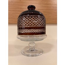 Şekerlik Kesme Kristal El Işçiliği Cam Ayaklı Kapaklı Kahve Şeffaf Yükseklik 17 cm Çapı 10 cm