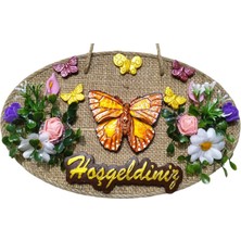 Mixperi Jüt Hasır Zeminli "hoşgeldiniz" Kapı Süsü - Kelebek ve Çiçek Motifli Dekoratif Askı (16X26 Cm)