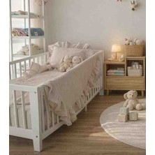 Zed Tasarım Atölyesi Bebek Beşik Takımı-4 Kat Müslin Fırfırlı Pike ve Yastık Kılıfı-Taş Rengi