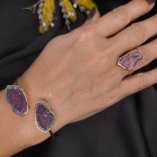 Museum Of You Doğal Taş Akik Druzy Taşlı Kadın Bilezik ve Yüzük Set - El Yapımı - 14K Altın Kaplama-Ayarlanabilir