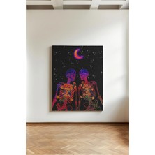 Kanvaspera Sevgili Iskeletler - Kanvas Tablo - Neon Çiçeklerle Romantik Duvar Dekorasyonu