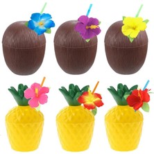Ananas &amp; Hindistan Cevizi Tasarımlı Pipetli Bardak Seti (6 Adet) Midastech