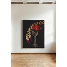 Kanvaspera Leopar Pençesi ve Gül, Kadeh - Kanvas Tablo - Zarif, Esrarengiz ve Estetik Duvar Dekorasyonu