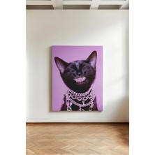 Kanvaspera Gülen Parlak Kedi - Kanvas Tablo - Mor Renklerde, Çağdaş Sanat Hayvan Temalı Duvar Dekorasyonu