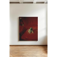 Kanvaspera Pug Köpek Kırmızı Koltukta Kanvas Tablo - Evcil Hayvan Sevgisi, Sanatsal Kompozisyon, Nostaljik Afiş