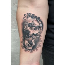 Tattoo Gerçekçi 3D Kurukafa ve Saat Realistic Model Geçici Kol Bacak Geçici Sticker Yapıştırma Dövme