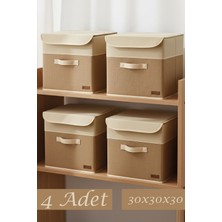 Prendi Home 4’lü Beyaz Garnili Jüt Kapaklı Kumaş Dolap Içi Düzenleyici Kutu - 30X30X30 cm Katlanabilir Saklama Kutusu