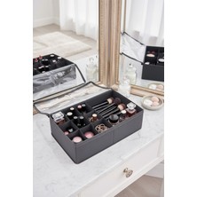 Prendi Home Lüks Antrasit Çok Bölmeli Şeffaf Kapaklı Portatif Makyaj ve Takı Düzenleyici Organizer Saklama Kutusu