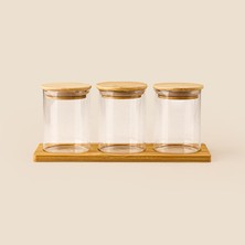 Krd Home Tepsili Bambu Kapaklı 3'lü Cam Kavanoz - Şeffaf / Açık Kahverengi - 680 ml