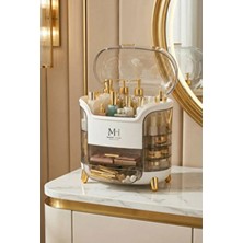 Makri Home Beyaz Çok Bölmeli Makyaj ve Kozmetik Organizeri Şeffaf Çekmeceli Gold Ayaklı