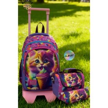Glanart Lüks Çekçekli Tekerlekli Ilkokul Çantası 3 Bölmeli (Termoslu Besleme+Kalemlik) Set Kedicik Desen