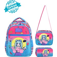 Waddell Lisanslı Turkuaz-Fuşya Anime Kız Desenli Çocuk Okul Sırt Çantası ,beslenme Çantası,kalem Kutusu