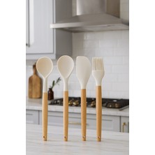 Feyza Design 4 Parça Silikon Mutfak Aletleri Seti, Ahşap Saplı Spatula, Kaşık, Kepçe, Fırça