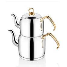 Feyza Design Şahane Tasarım Orta Boy Çelik Çaydanlık Takımı Gold Beyaz