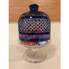 Plus Home Şekerlik Kesme Kristal Cam Ayaklı El Işçiliği Kapaklı Larcivert Şeffaf Yükseklik 17 cm Çapı 10 cm